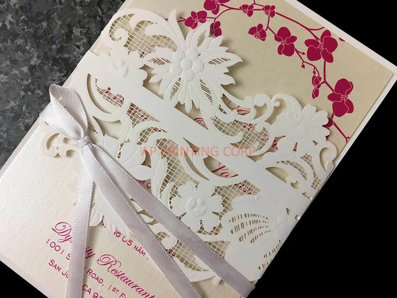 CL-WRAP-57 M-N White Flourish Wrap with Ribbon Laser Cut Wedding Invitation