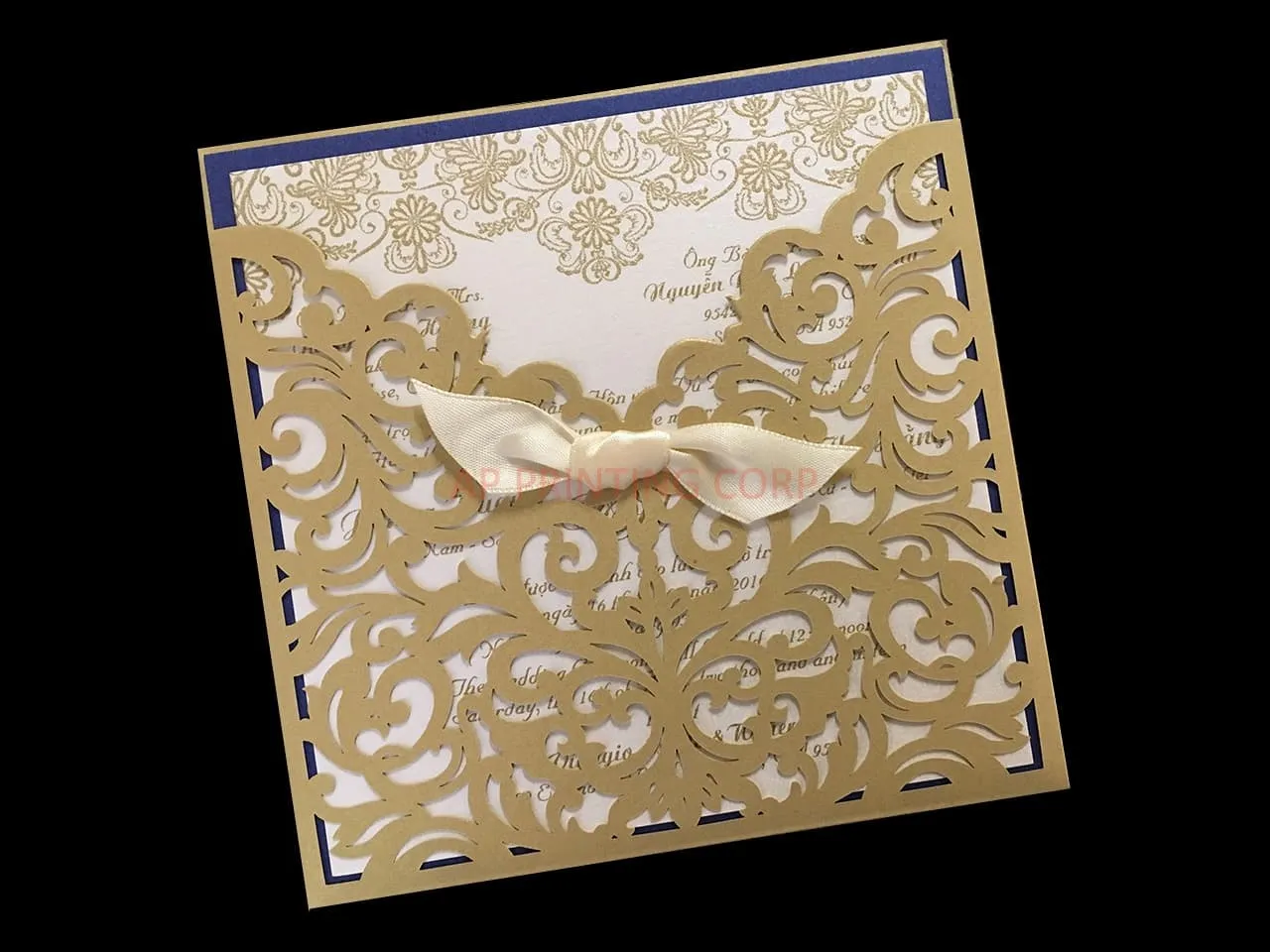 Exquisite Lace Vine Tri-Fold Laser Cut Pocket Wedding Invitation