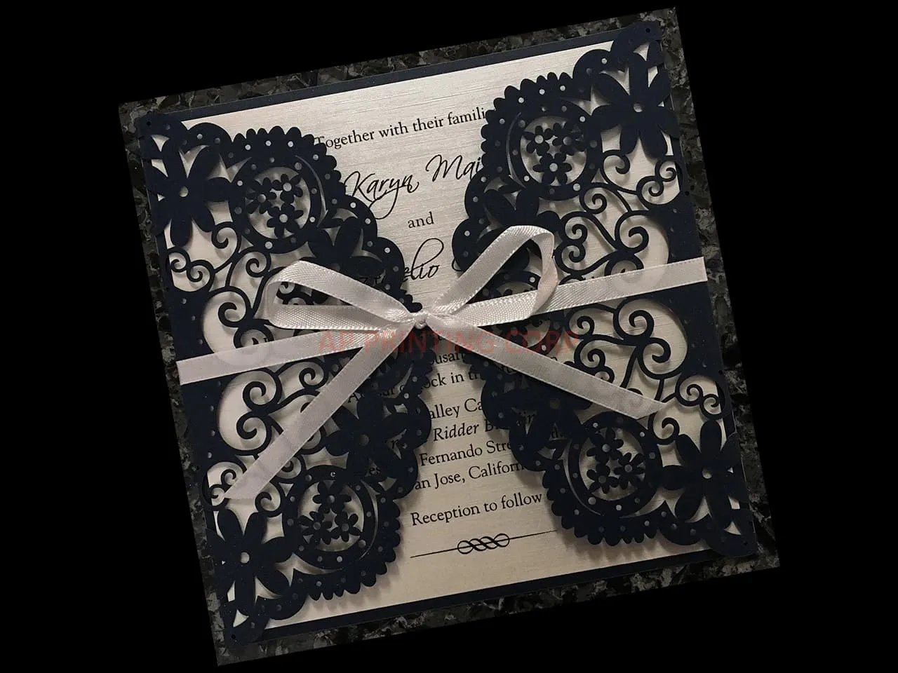 Champagne Glittery Laser Cut Pocket Wedding Invitation