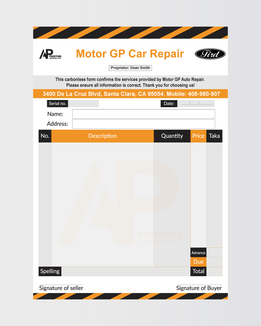 Auto Repair Carbonless Form