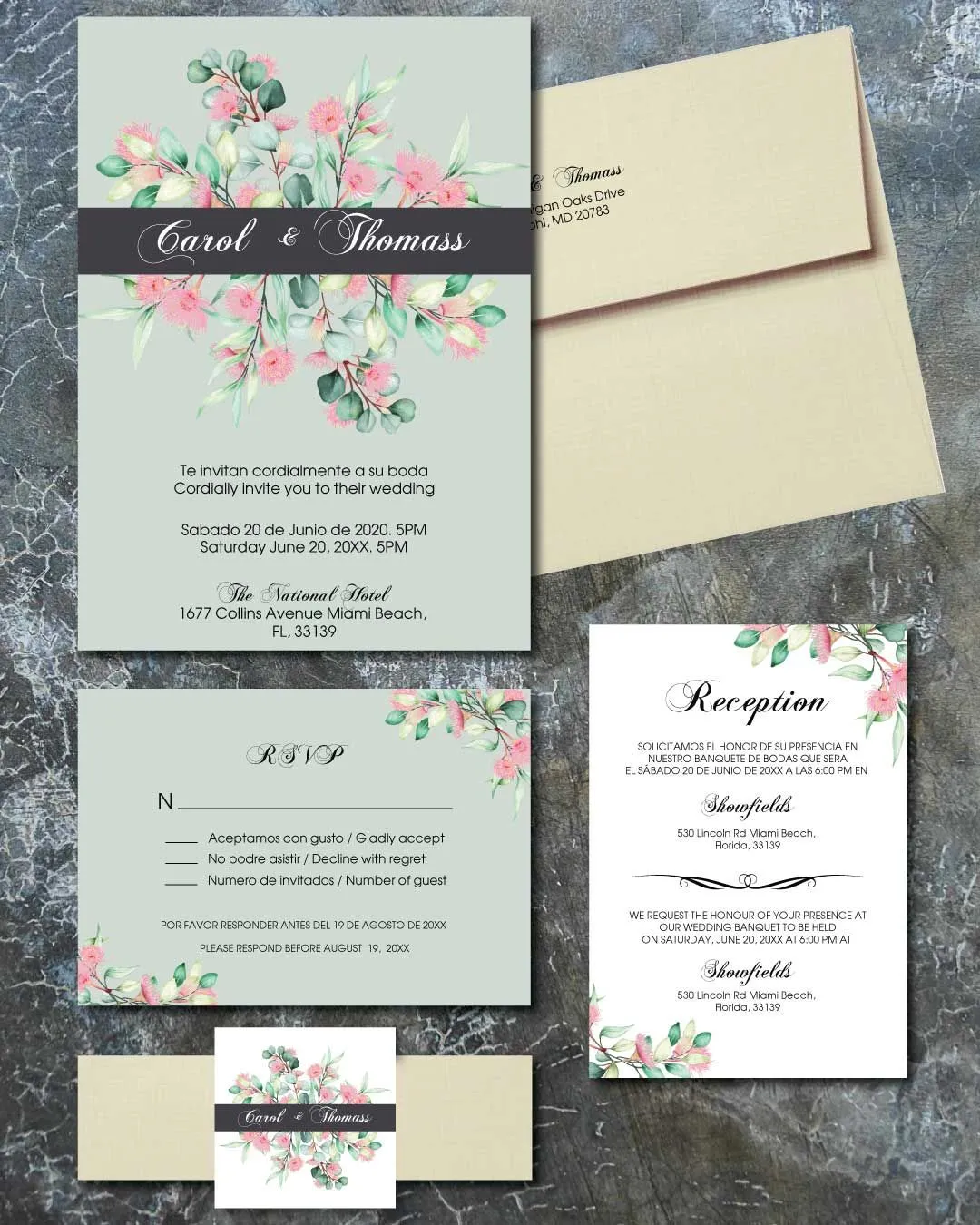 Eucalyptus Flower Simple Flat 5x7 Spanish & English Wedding Invitation