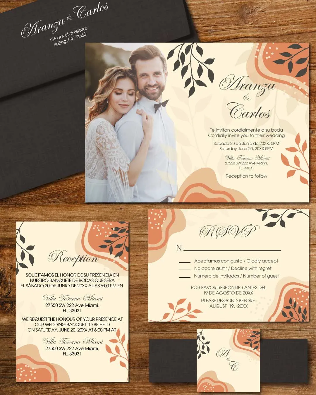Cream Colored Boho Simple Flat 5x7 Spanish & English Wedding Invitation