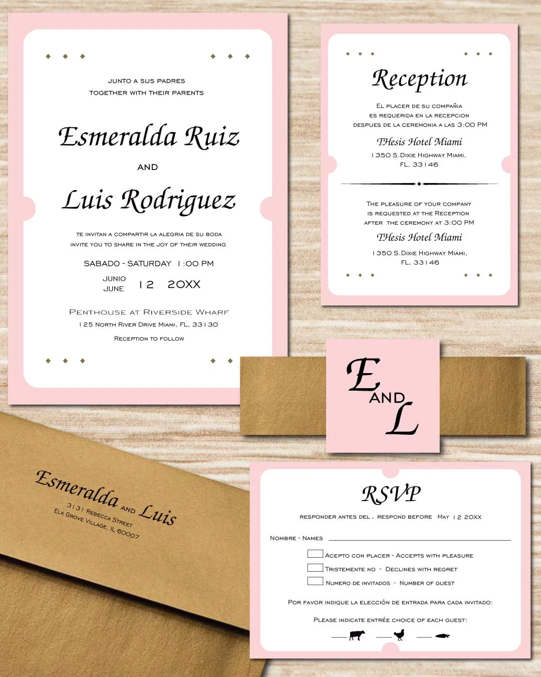 Minimalist Pink Border Simple Flat 5x7 Spanish & English Wedding Invitation
