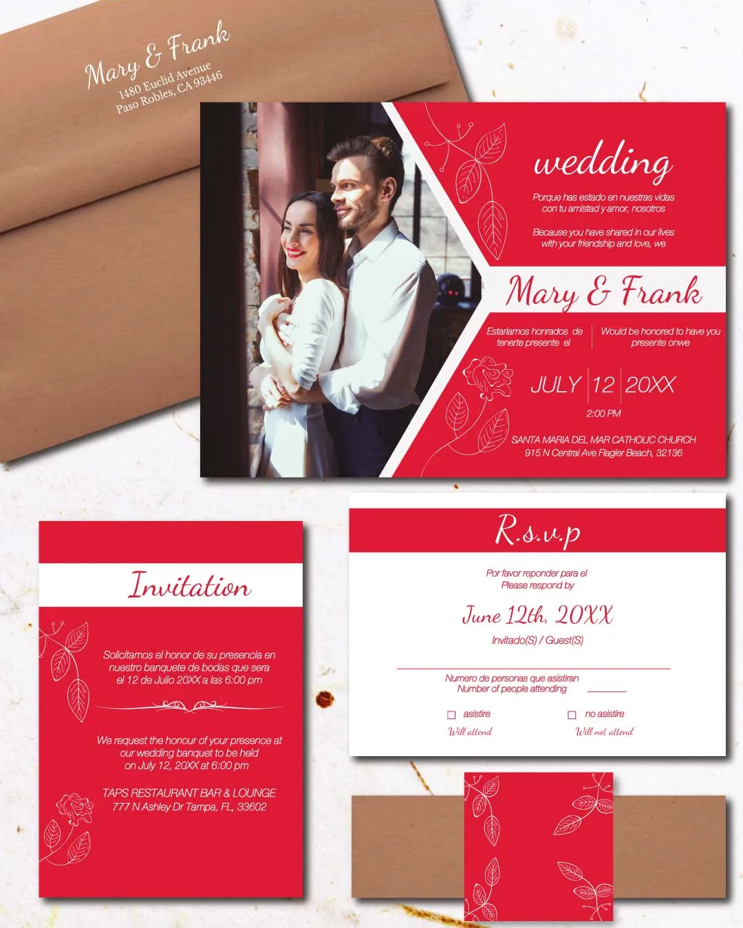 Red Invitation Leaves Simple Flat 5x7 Spanish & English Wedding Invitation