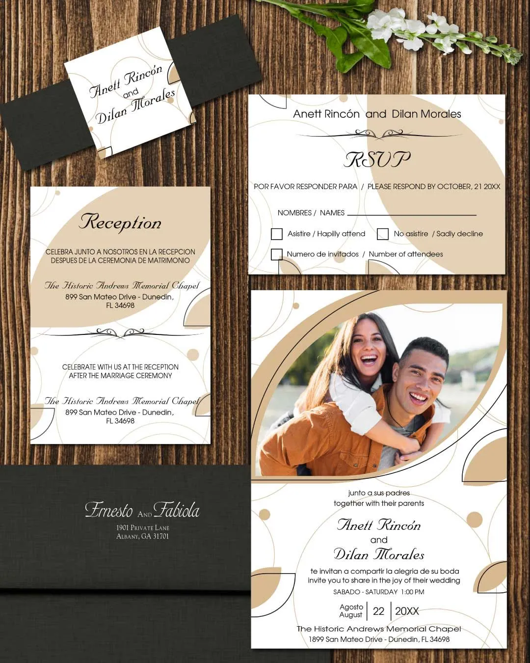 Beige Abstract Shapes Simple Flat 5x7 Spanish & English Wedding Invitation