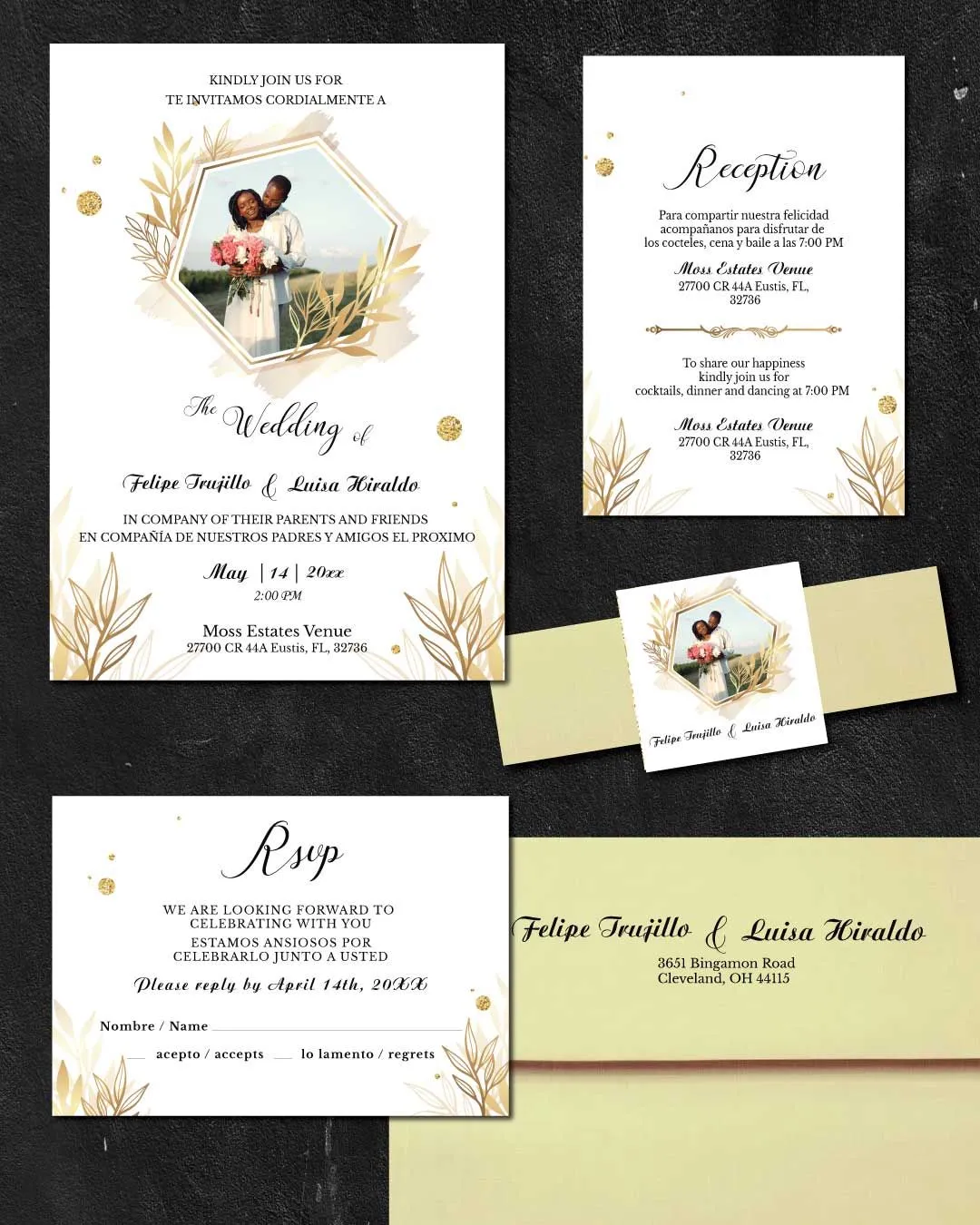 Luxury Gradient Photo Simple Flat 5x7 Spanish & English Wedding Invitation
