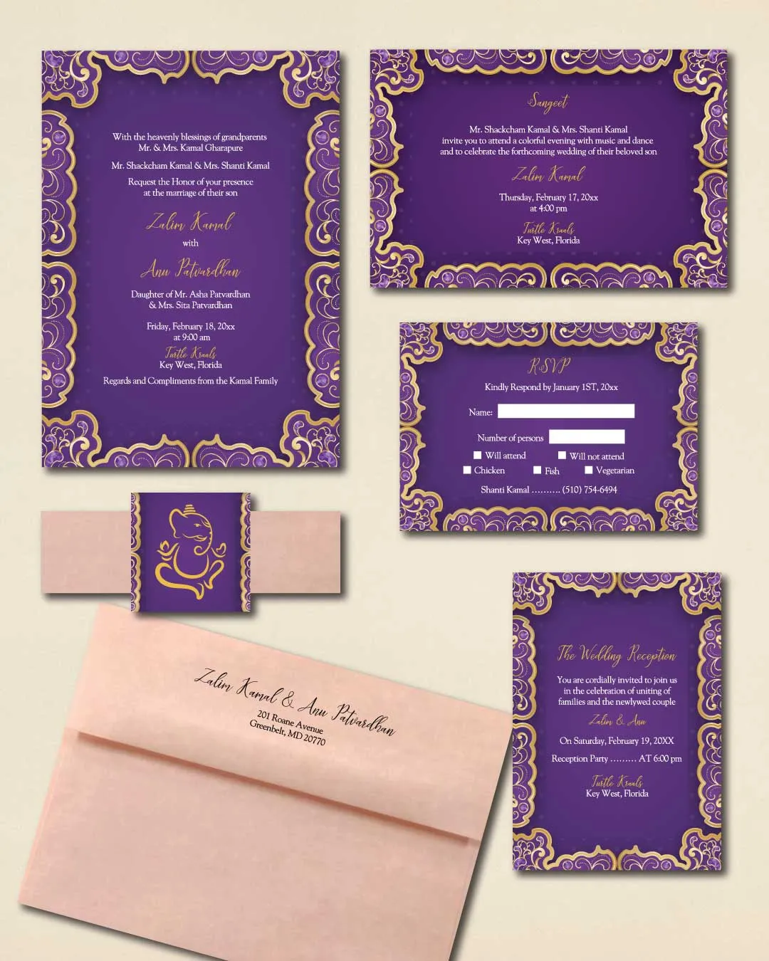 Round Purple and Gold Indian Wedding Invitation