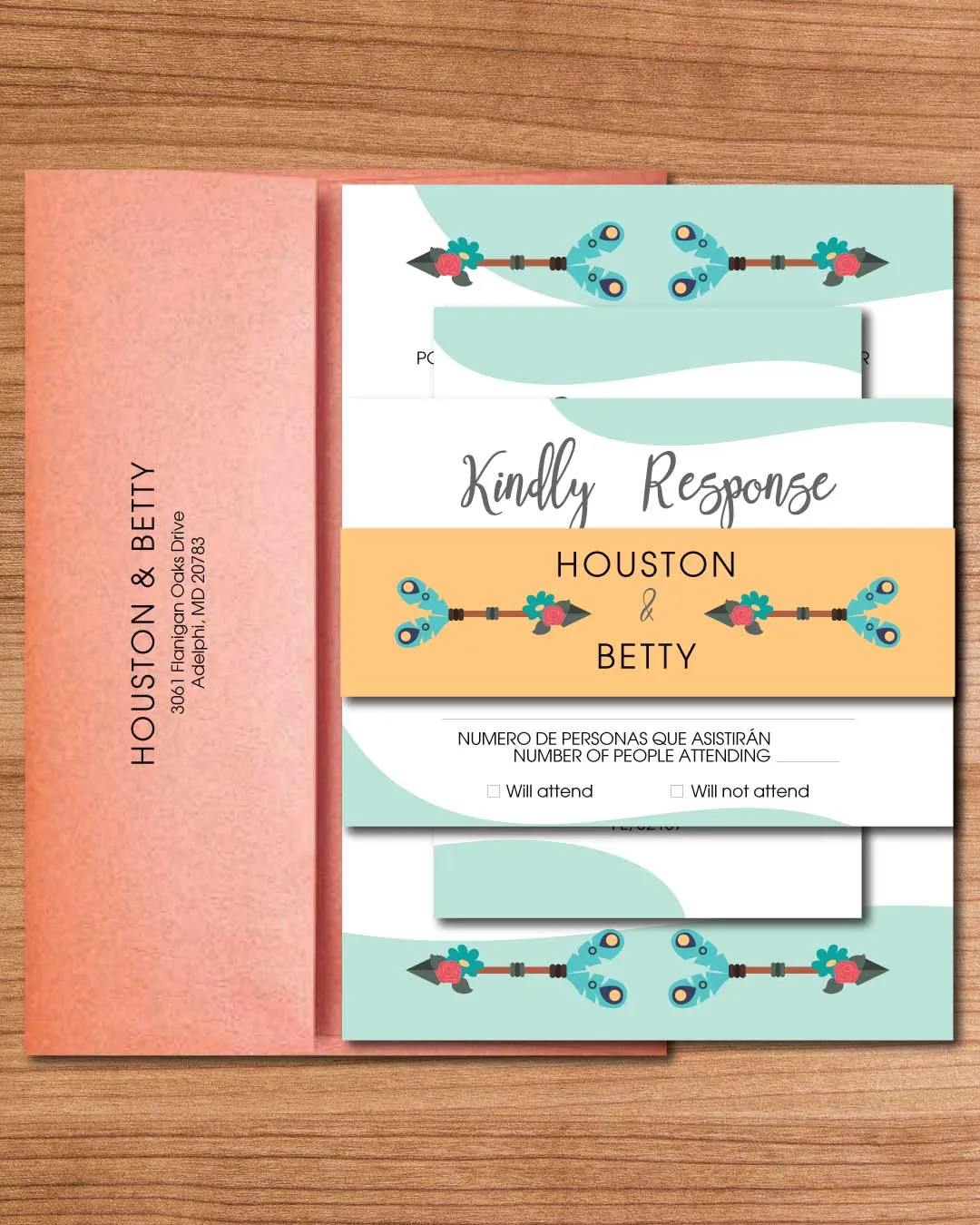 Boho Arrows Simple Flat 5x7 Spanish & English Wedding Invitation