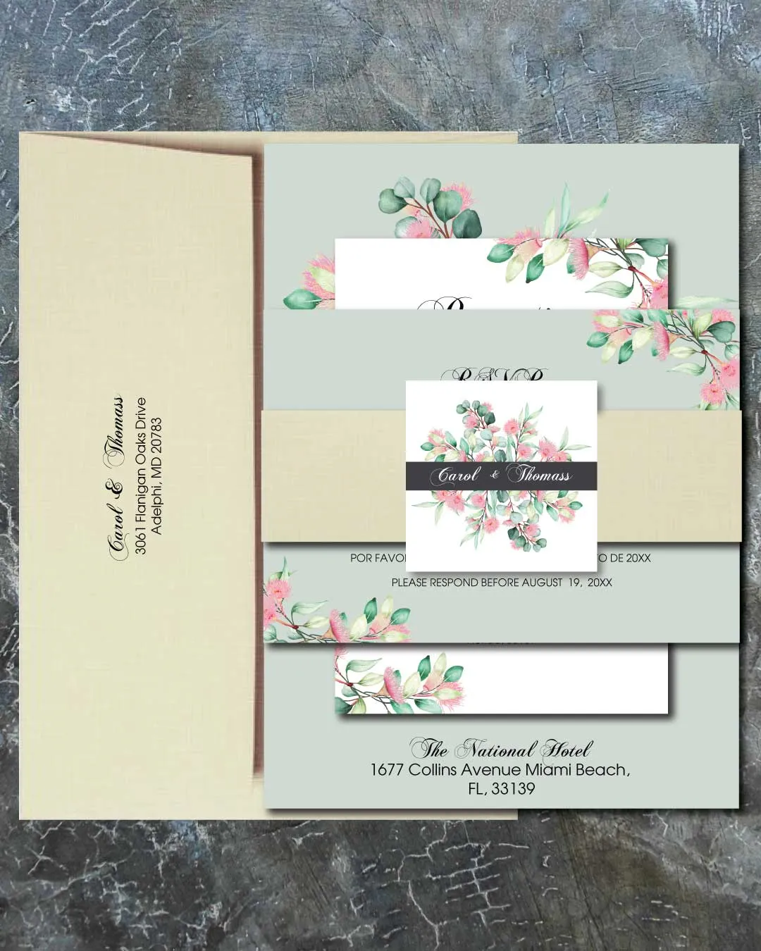 Eucalyptus Flower Simple Flat 5x7 Spanish & English Wedding Invitation