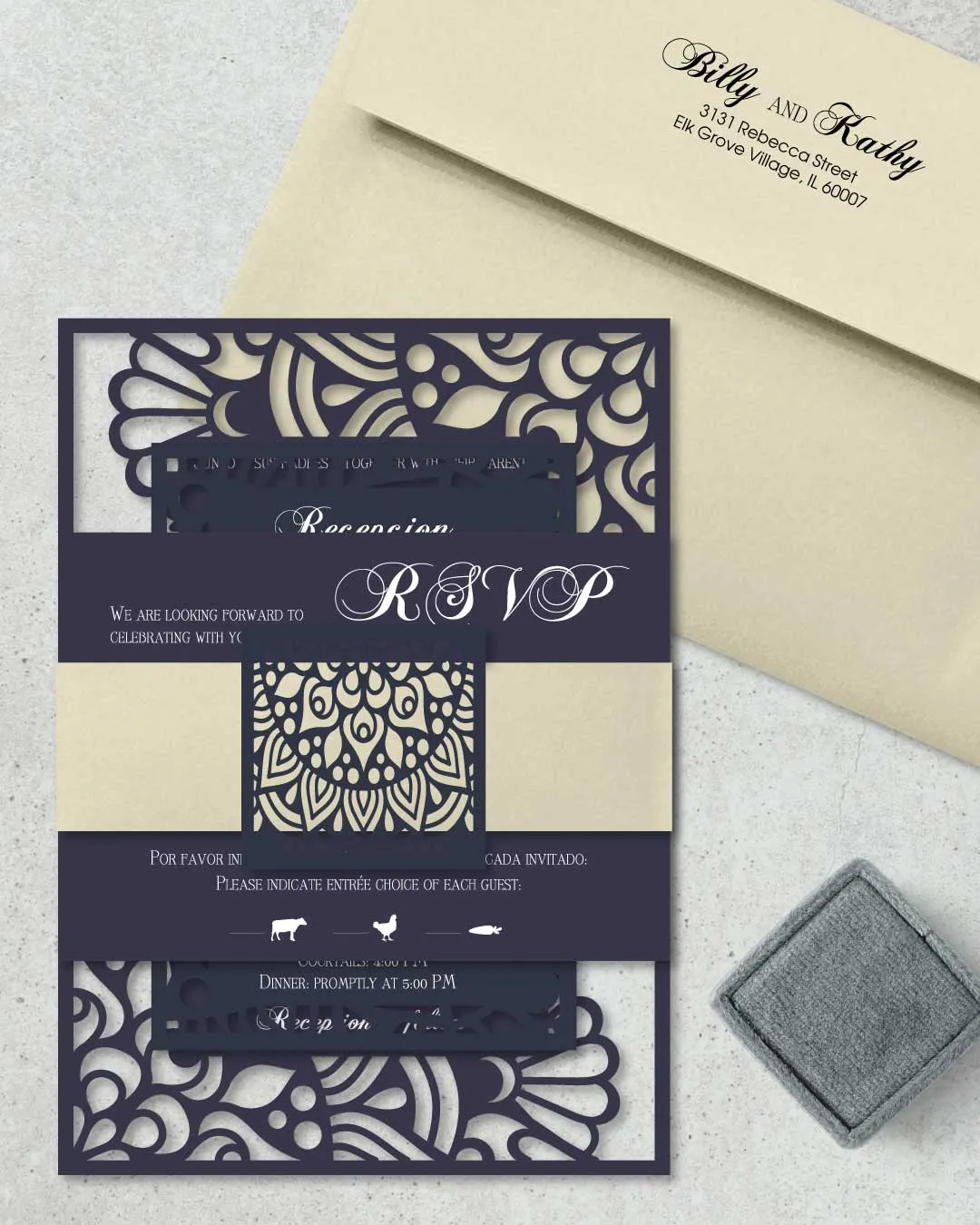 Laser Cut Blue Simple Flat 5x7 Spanish & English Wedding Invitation