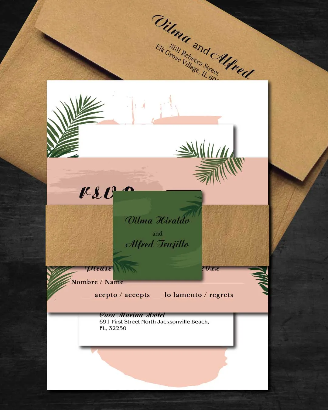 Tropical Stationery in Peach Simple Flat 5x7 Spanish & English Wedding Invitation