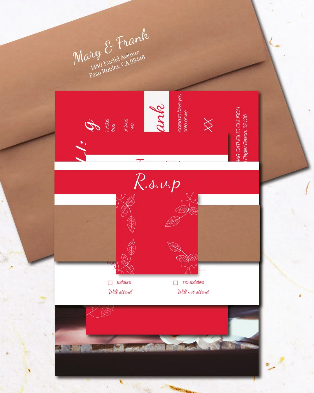Red Invitation Leaves Simple Flat 5x7 Spanish & English Wedding Invitation