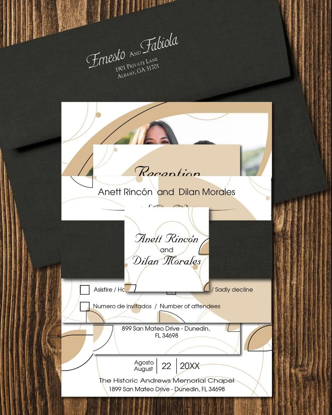 Beige Abstract Shapes Simple Flat 5x7 Spanish & English Wedding Invitation