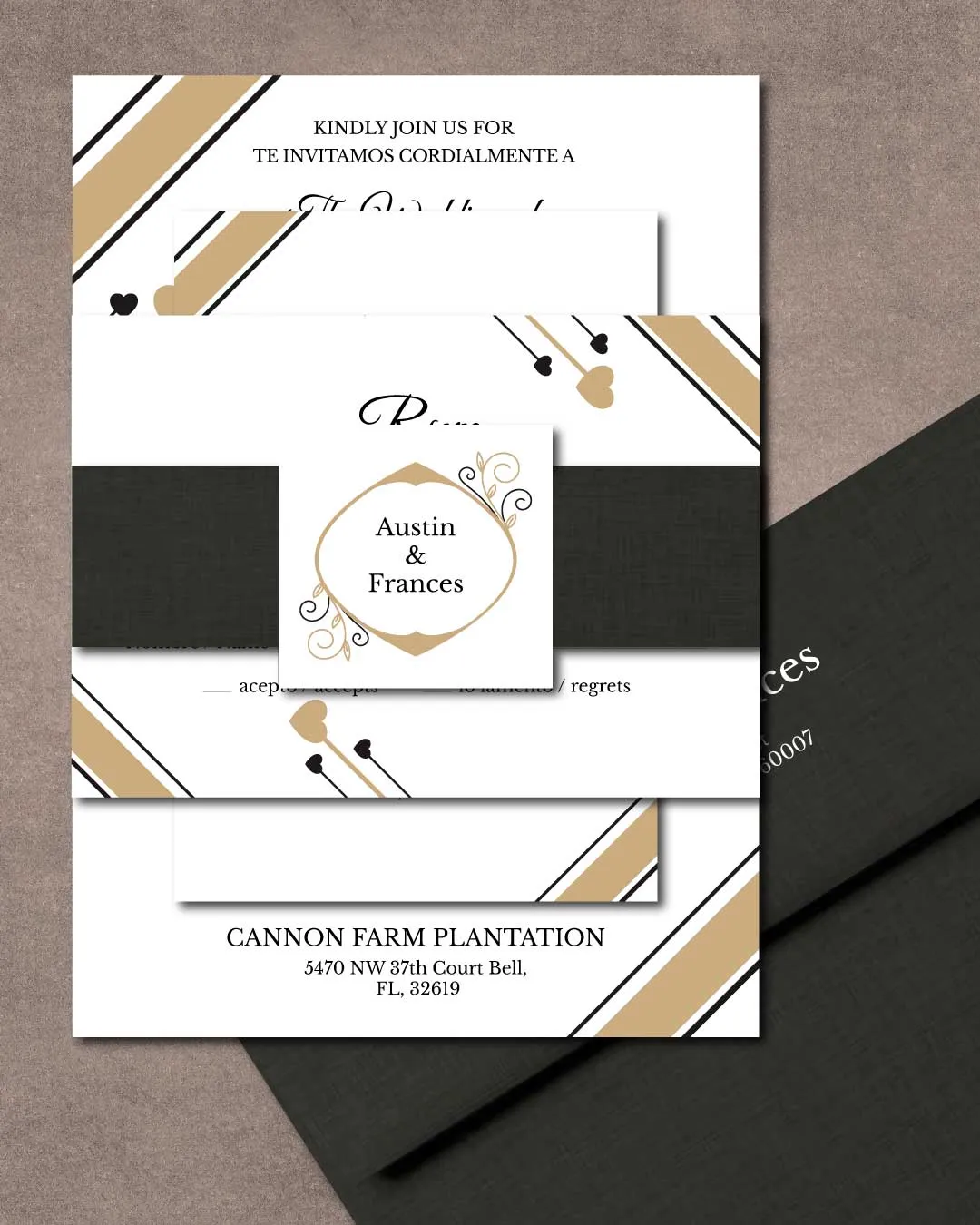 Elegant Beige and Black Simple Flat 5x7 Spanish & English Wedding Invitation