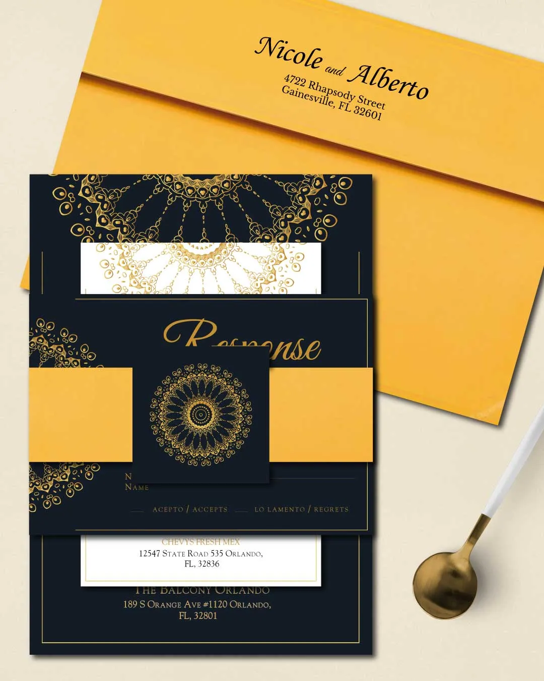 Elegant Golden Mandala Simple Flat 5x7 Spanish & English Wedding Invitation
