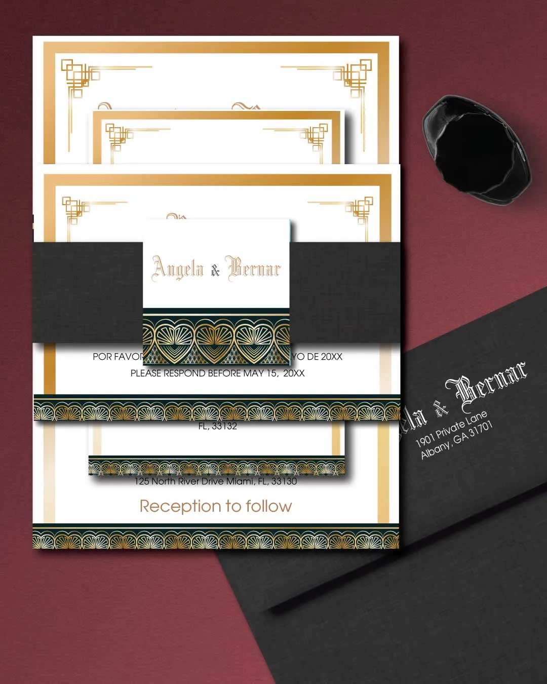 Gatsby Style In Gold Simple Flat 5x7 Spanish & English Wedding Invitation