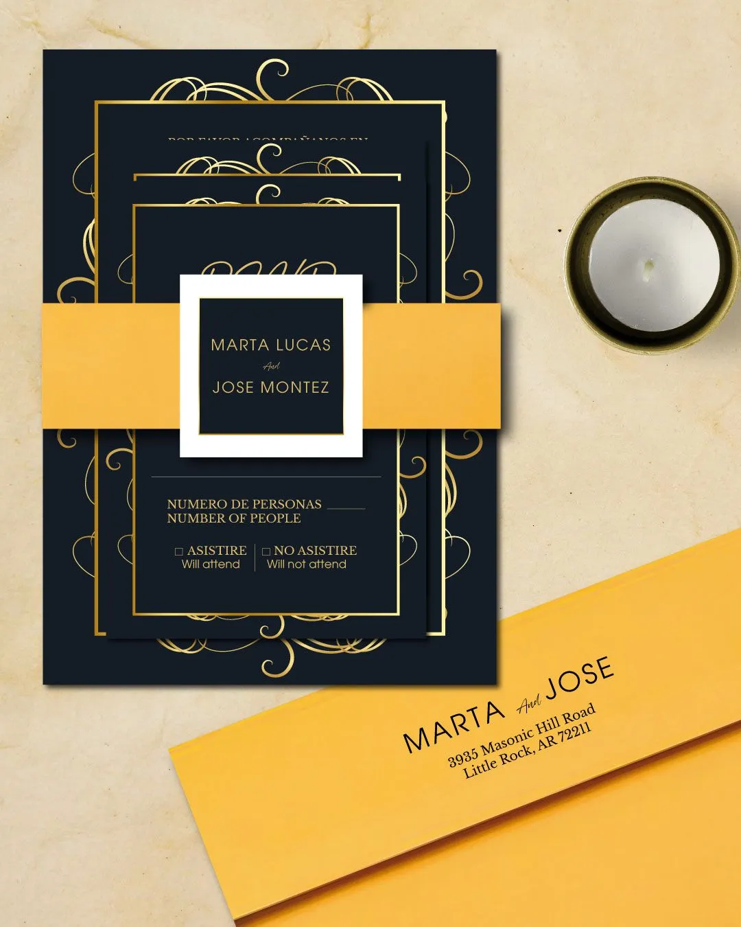 Elegant Gold Decorations Simple Flat 5x7 Spanish & English Wedding Invitation