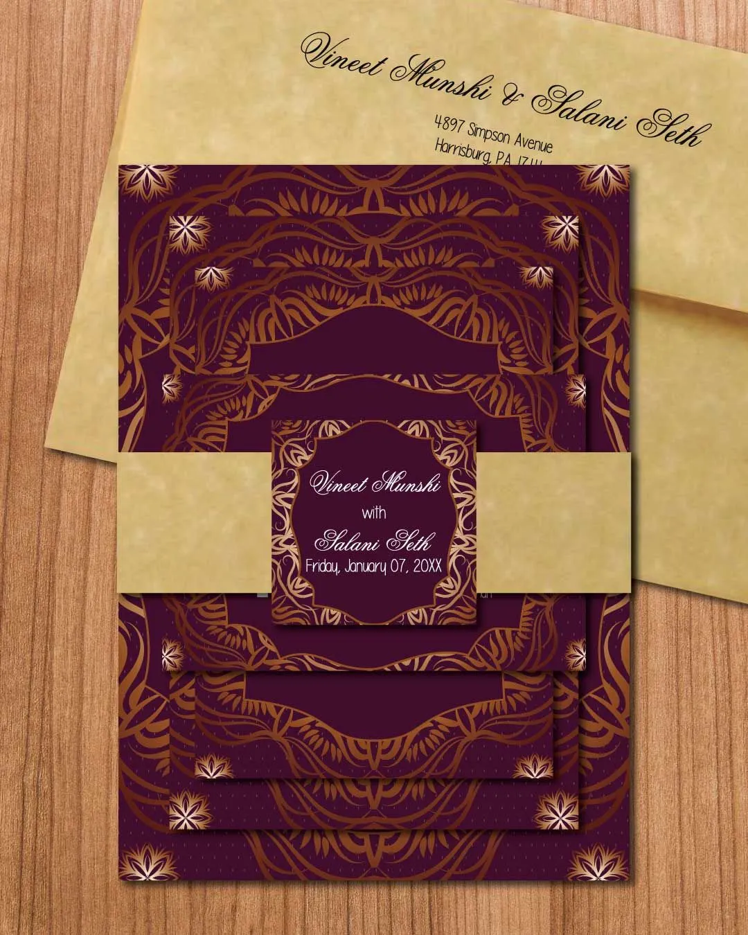 Purple Abstract Border Indian Wedding Invitation