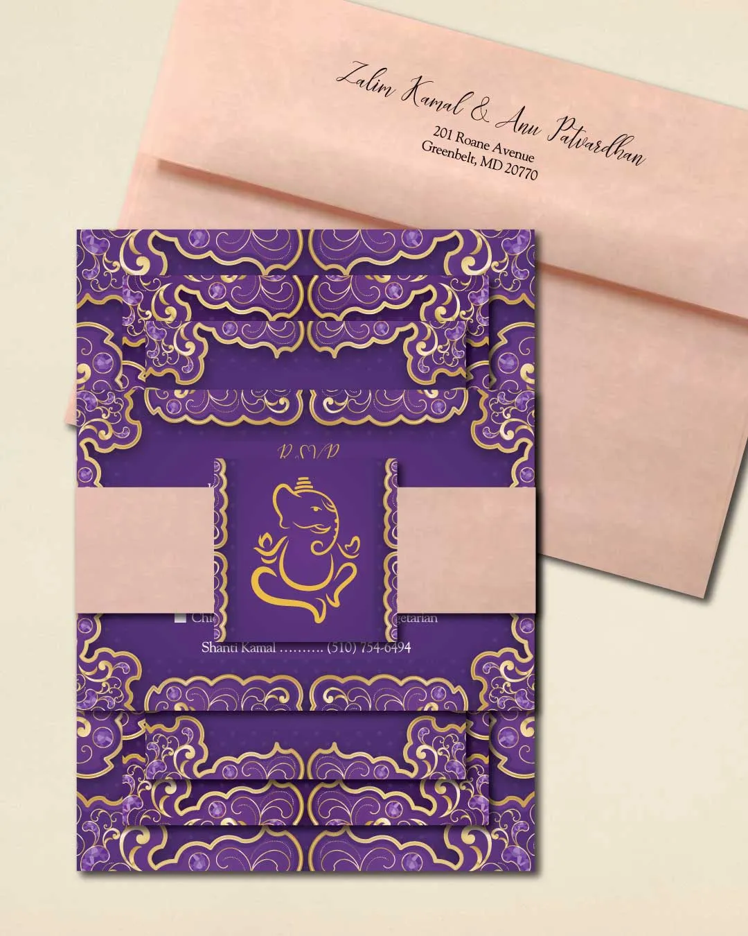 Round Purple and Gold Indian Wedding Invitation