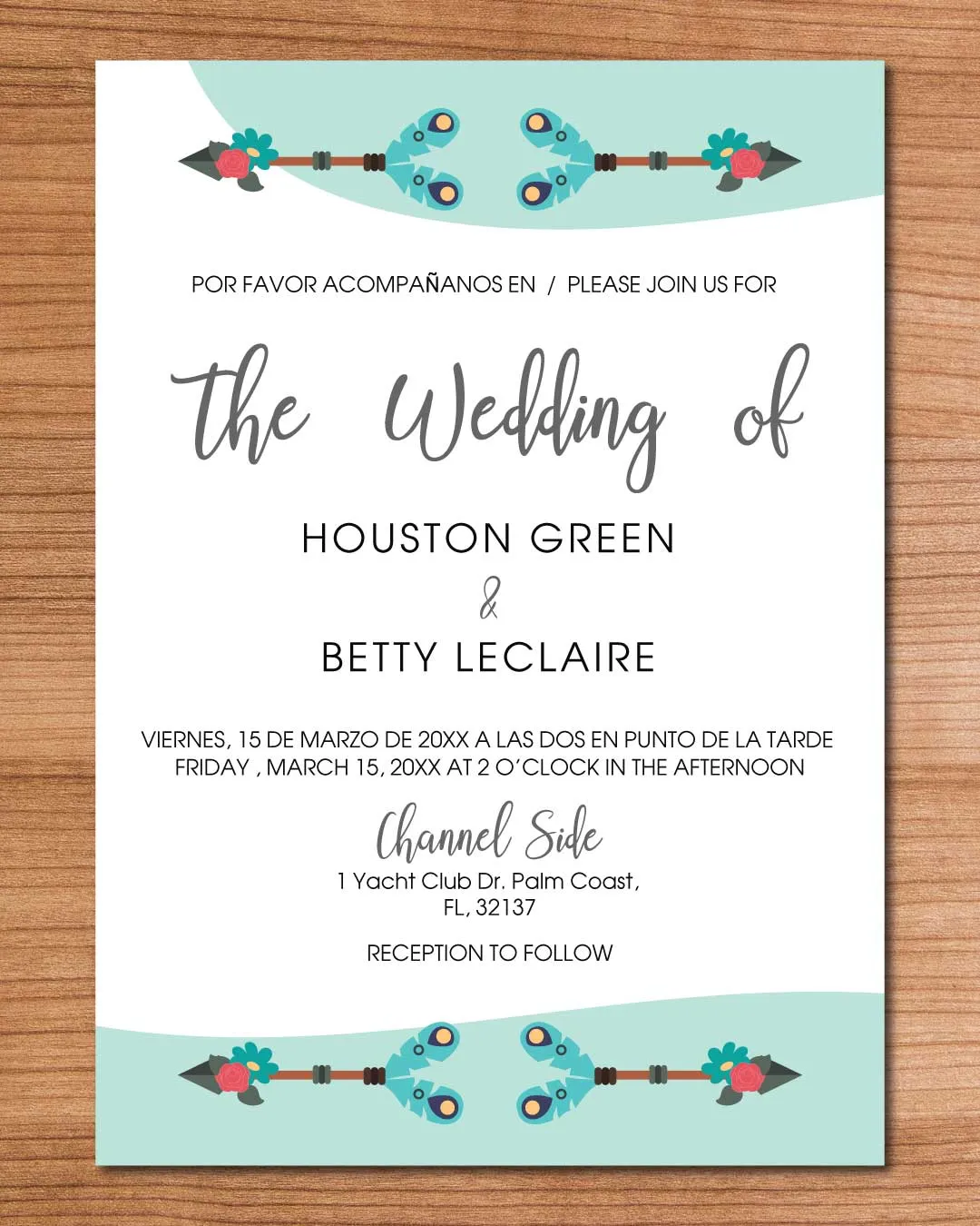 Boho Arrows Simple Flat 5x7 Spanish & English Wedding Invitation