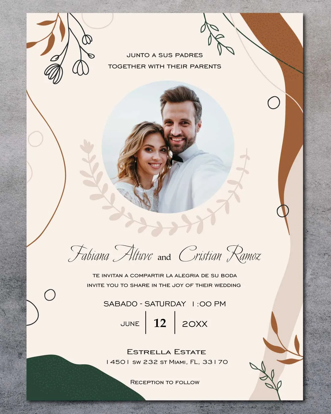 Design Boho Photo Simple Flat 5x7 Spanish & English Wedding Invitation
