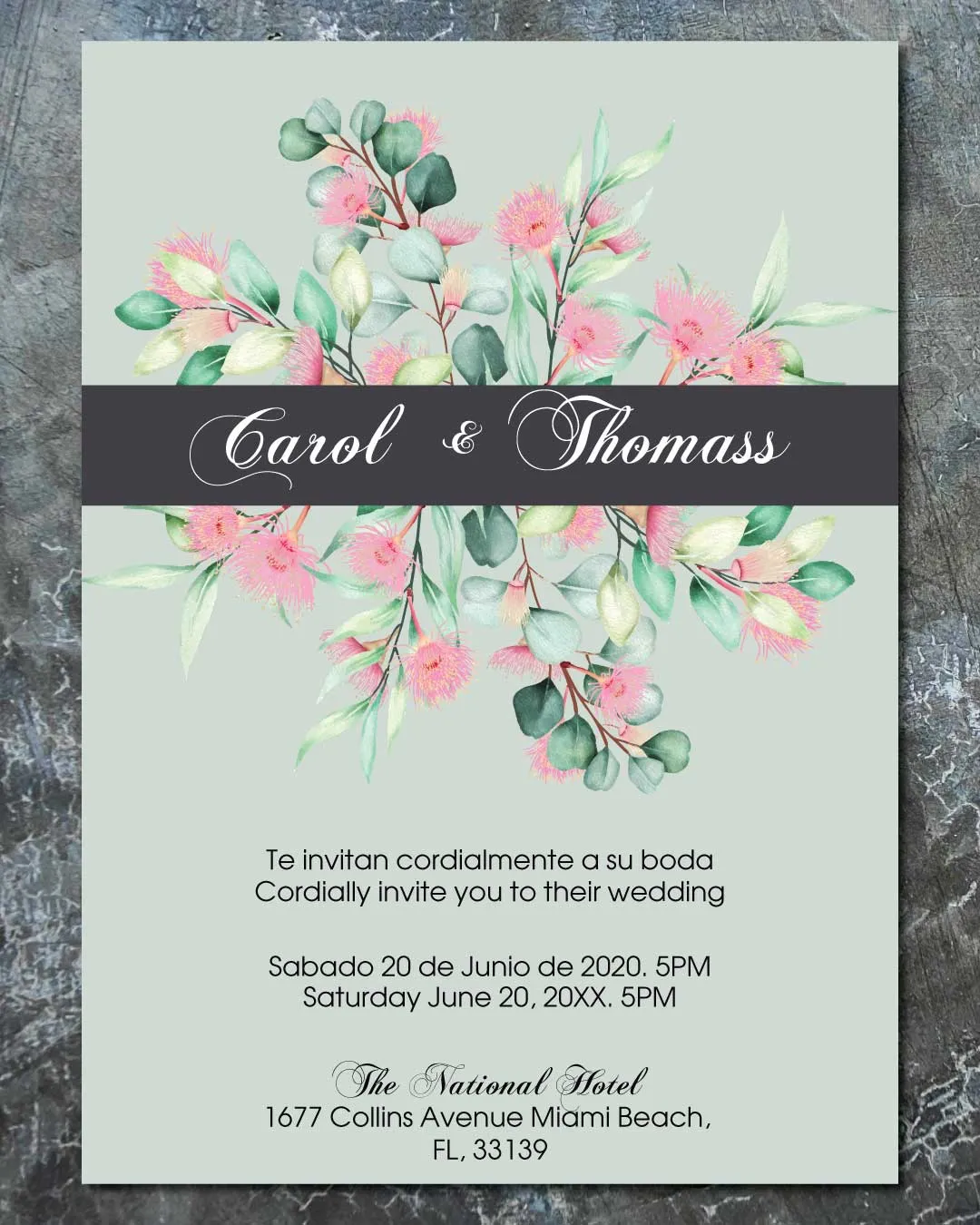 Eucalyptus Flower Simple Flat 5x7 Spanish & English Wedding Invitation