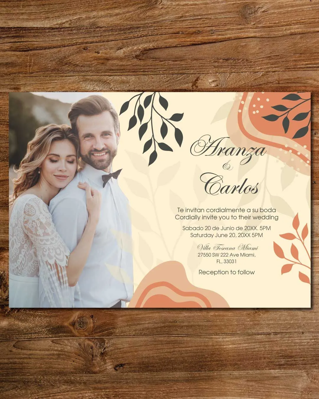 Cream Colored Boho Simple Flat 5x7 Spanish & English Wedding Invitation