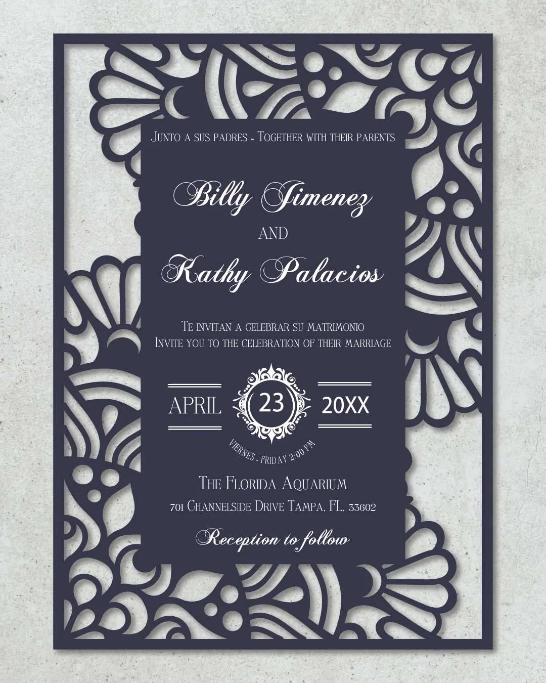 Laser Cut Blue Simple Flat 5x7 Spanish & English Wedding Invitation
