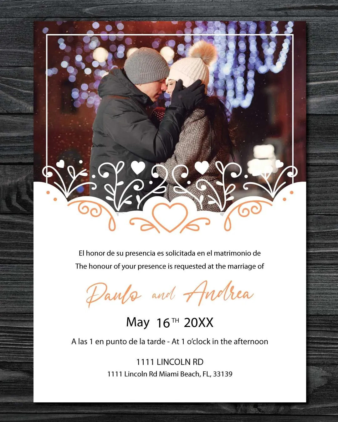 Couple Decorative Borders Simple Flat 5x7 Spanish & English Wedding Invitation
