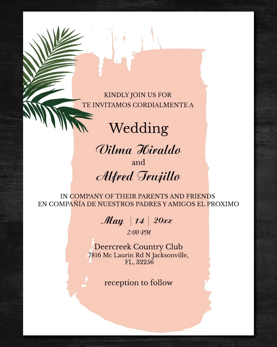 Tropical Stationery in Peach Simple Flat 5x7 Spanish & English Wedding Invitation