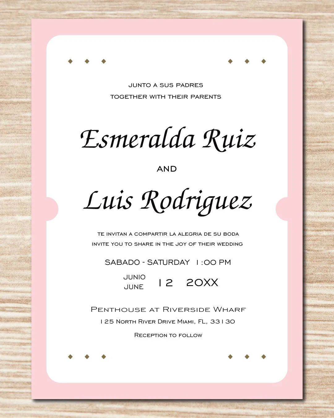Minimalist Pink Border Simple Flat 5x7 Spanish & English Wedding Invitation