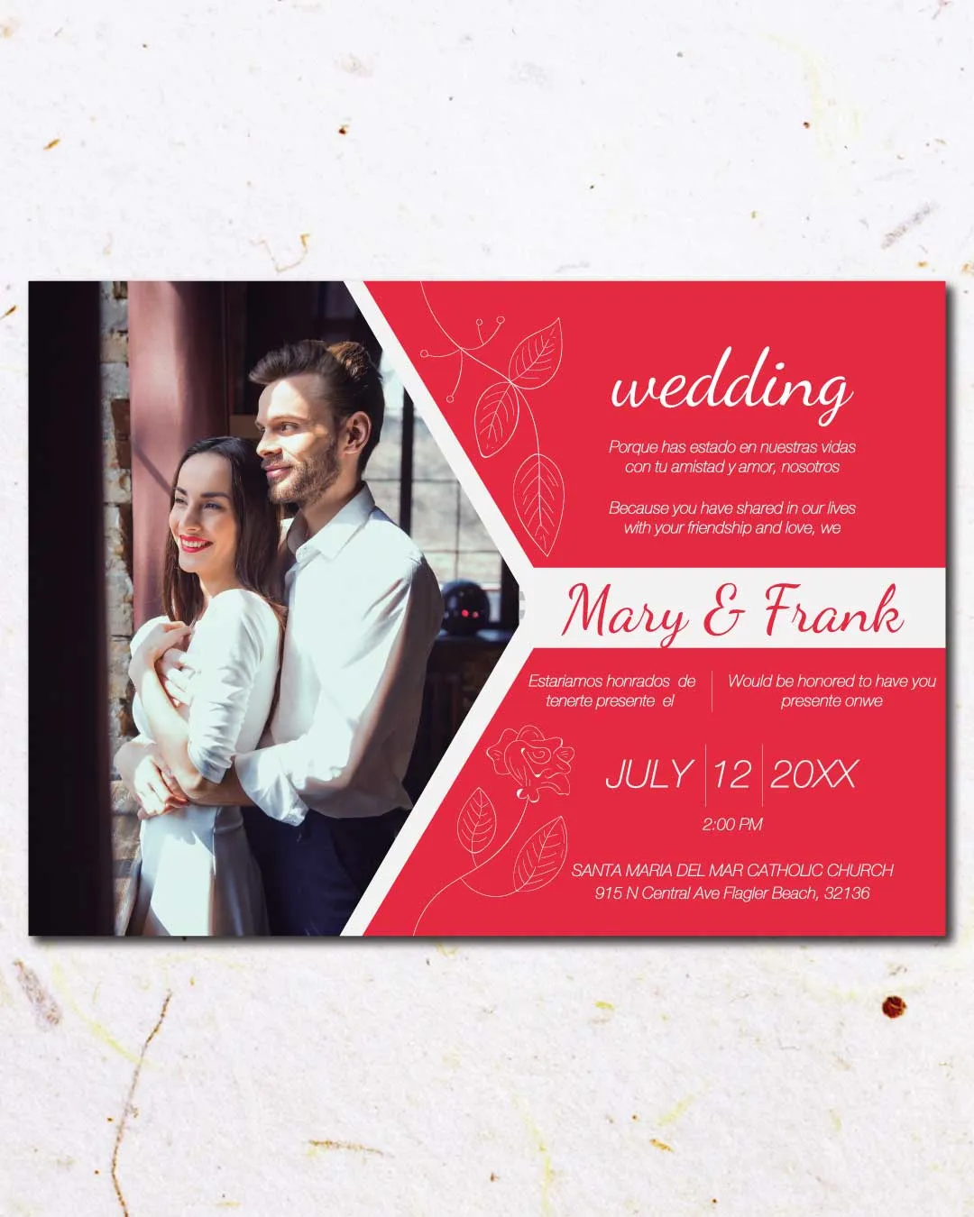 Red Invitation Leaves Simple Flat 5x7 Spanish & English Wedding Invitation