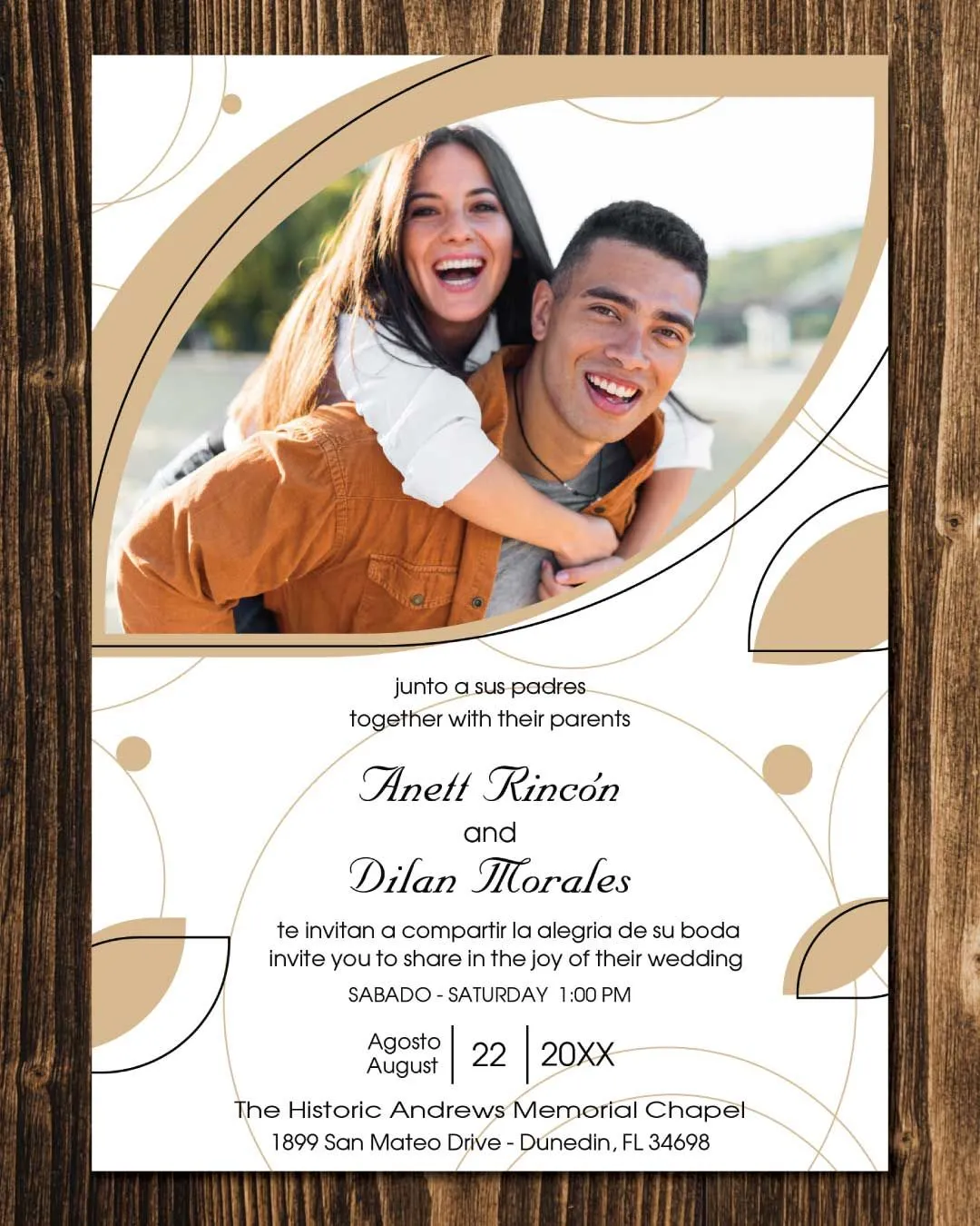 Beige Abstract Shapes Simple Flat 5x7 Spanish & English Wedding Invitation