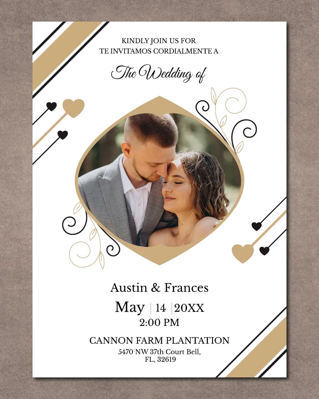 Elegant Beige and Black Simple Flat 5x7 Spanish & English Wedding Invitation