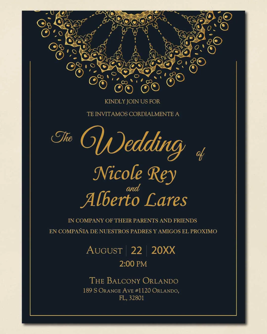 Elegant Golden Mandala Simple Flat 5x7 Spanish & English Wedding Invitation