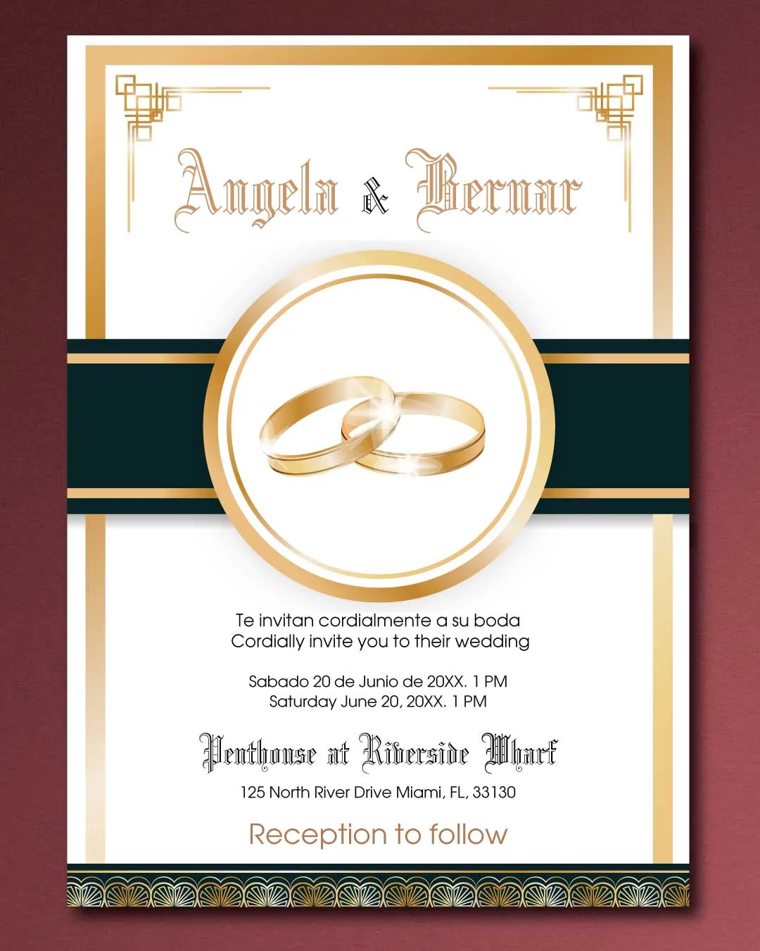 Gatsby Style In Gold Simple Flat 5x7 Spanish & English Wedding Invitation