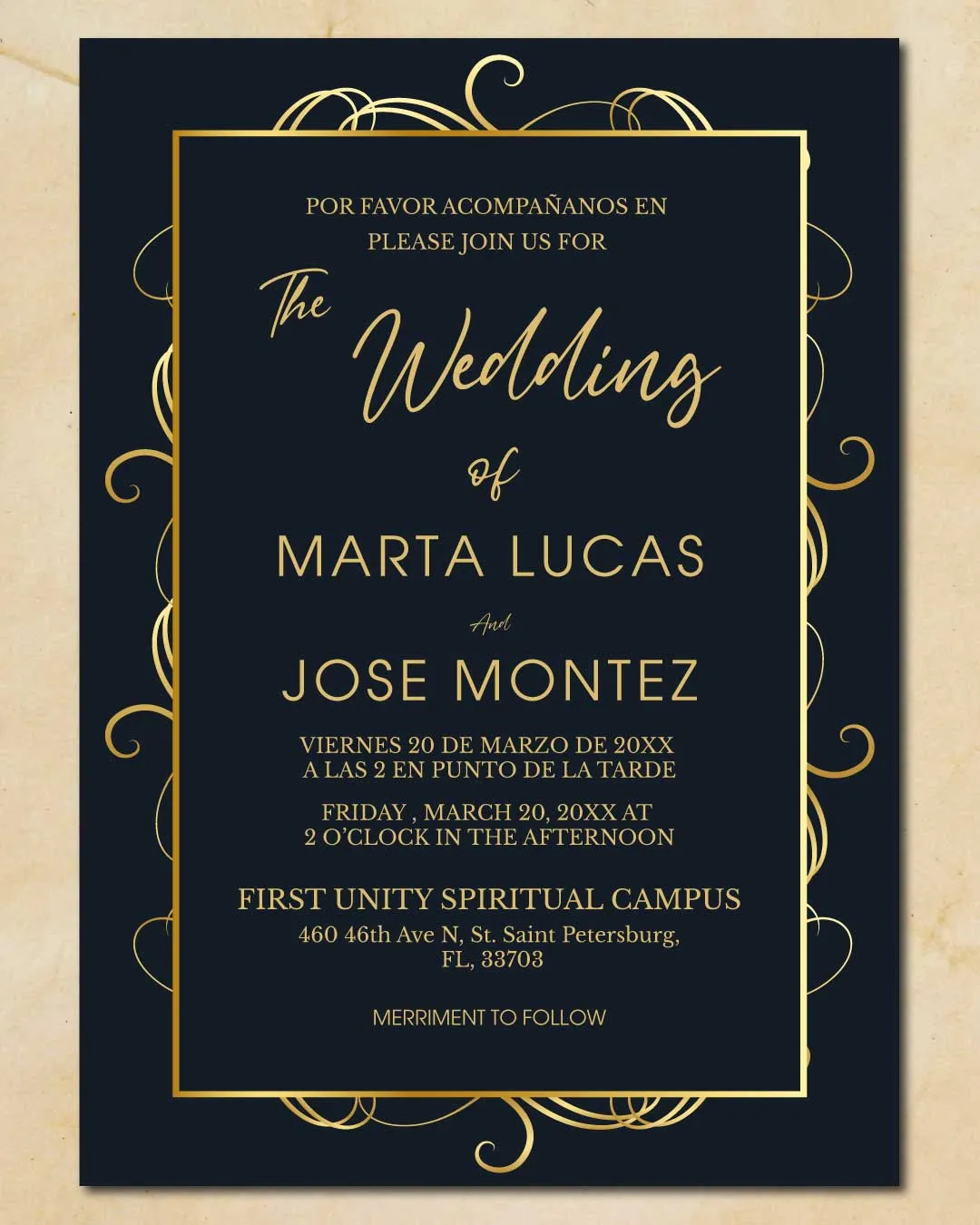 Elegant Gold Decorations Simple Flat 5x7 Spanish & English Wedding Invitation