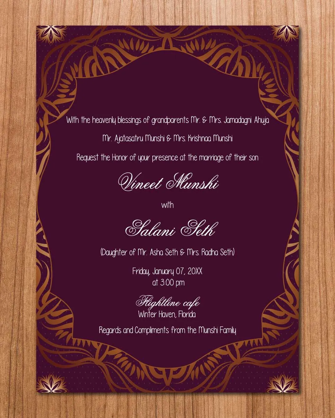 Purple Abstract Border Indian Wedding Invitation