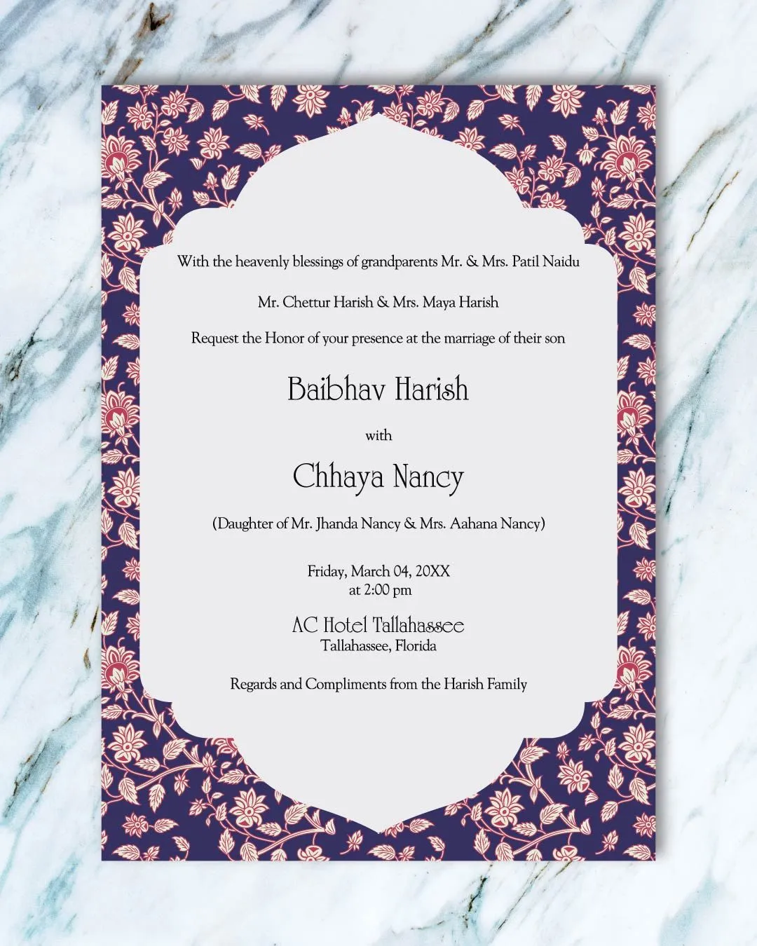 Vintage Floral on Blue Indian Wedding Invitation