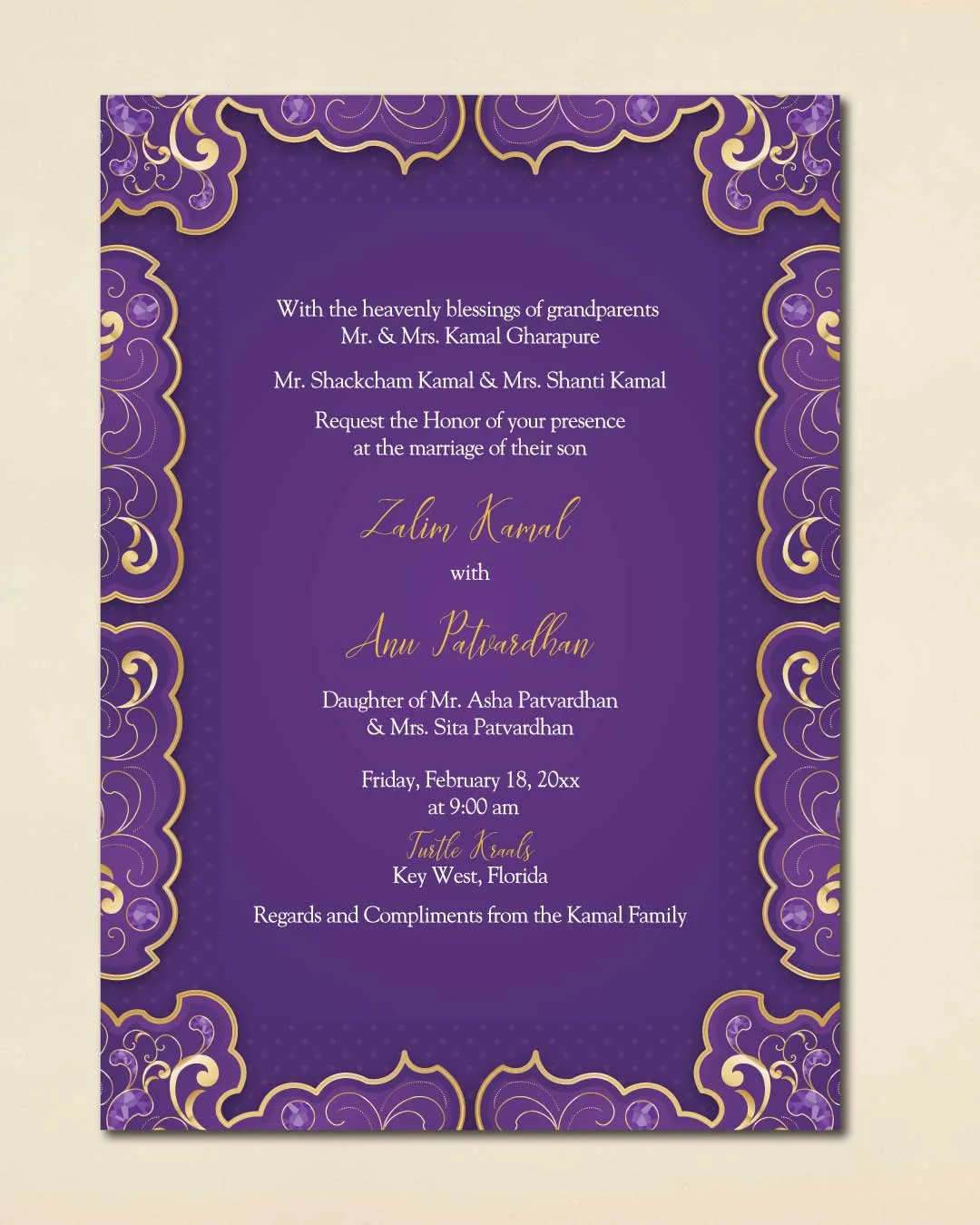 Round Purple and Gold Indian Wedding Invitation