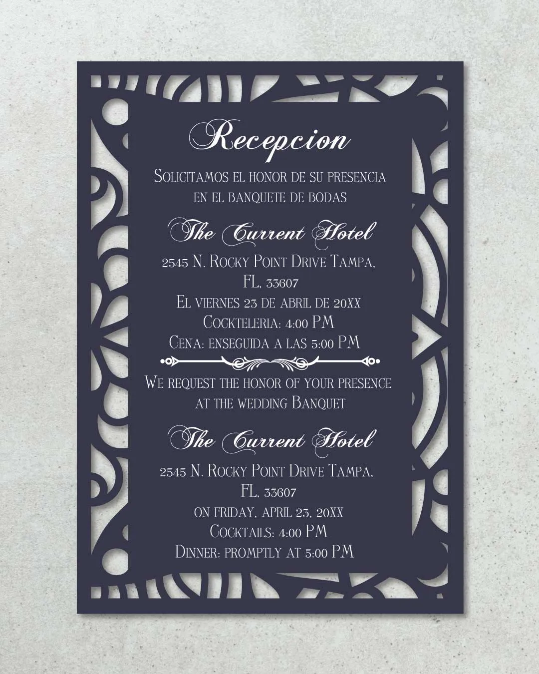 Laser Cut Blue Simple Flat 5x7 Spanish & English Wedding Invitation