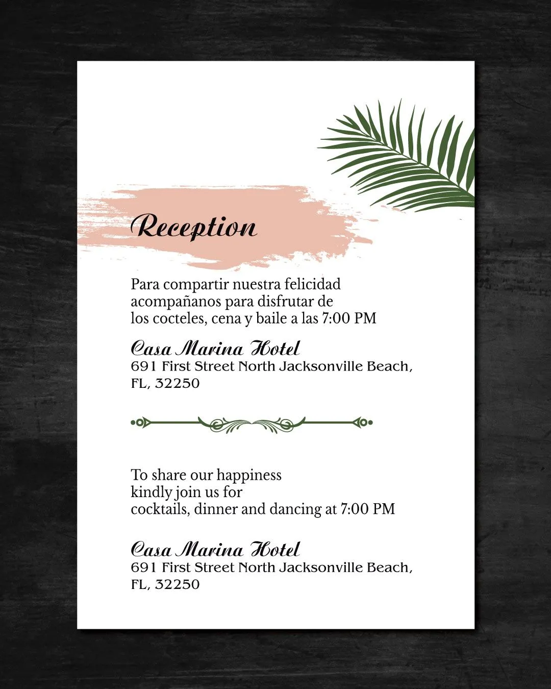 Tropical Stationery in Peach Simple Flat 5x7 Spanish & English Wedding Invitation
