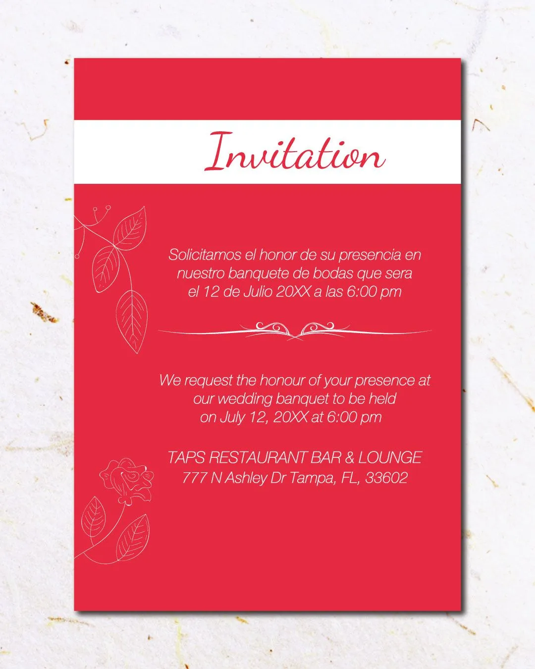 Red Invitation Leaves Simple Flat 5x7 Spanish & English Wedding Invitation
