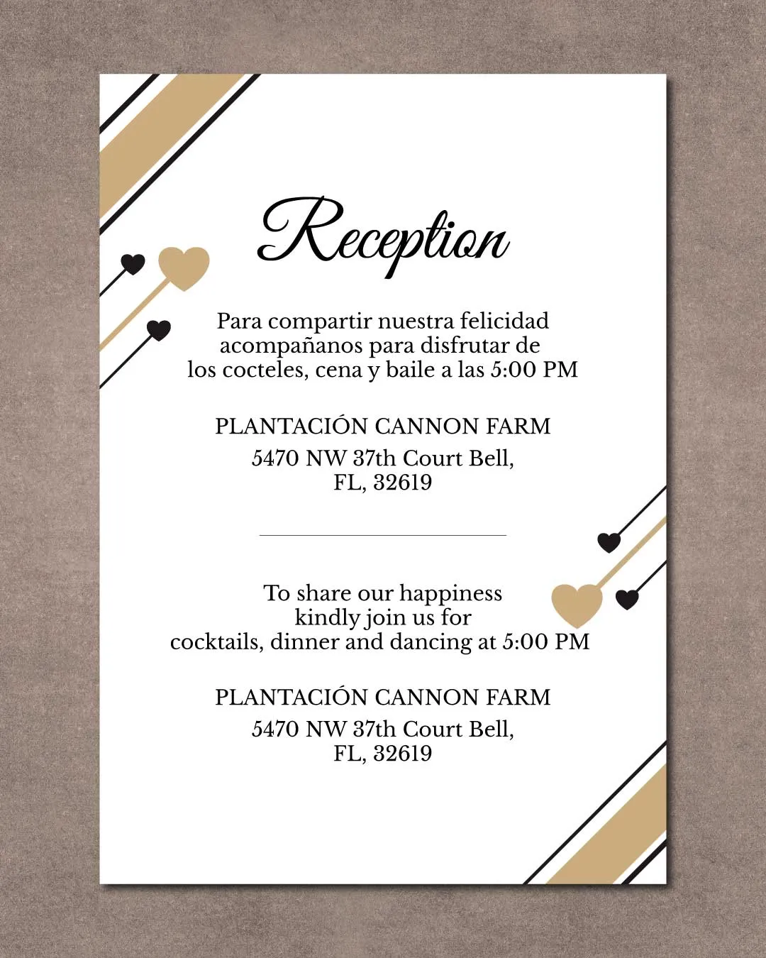 Elegant Beige and Black Simple Flat 5x7 Spanish & English Wedding Invitation