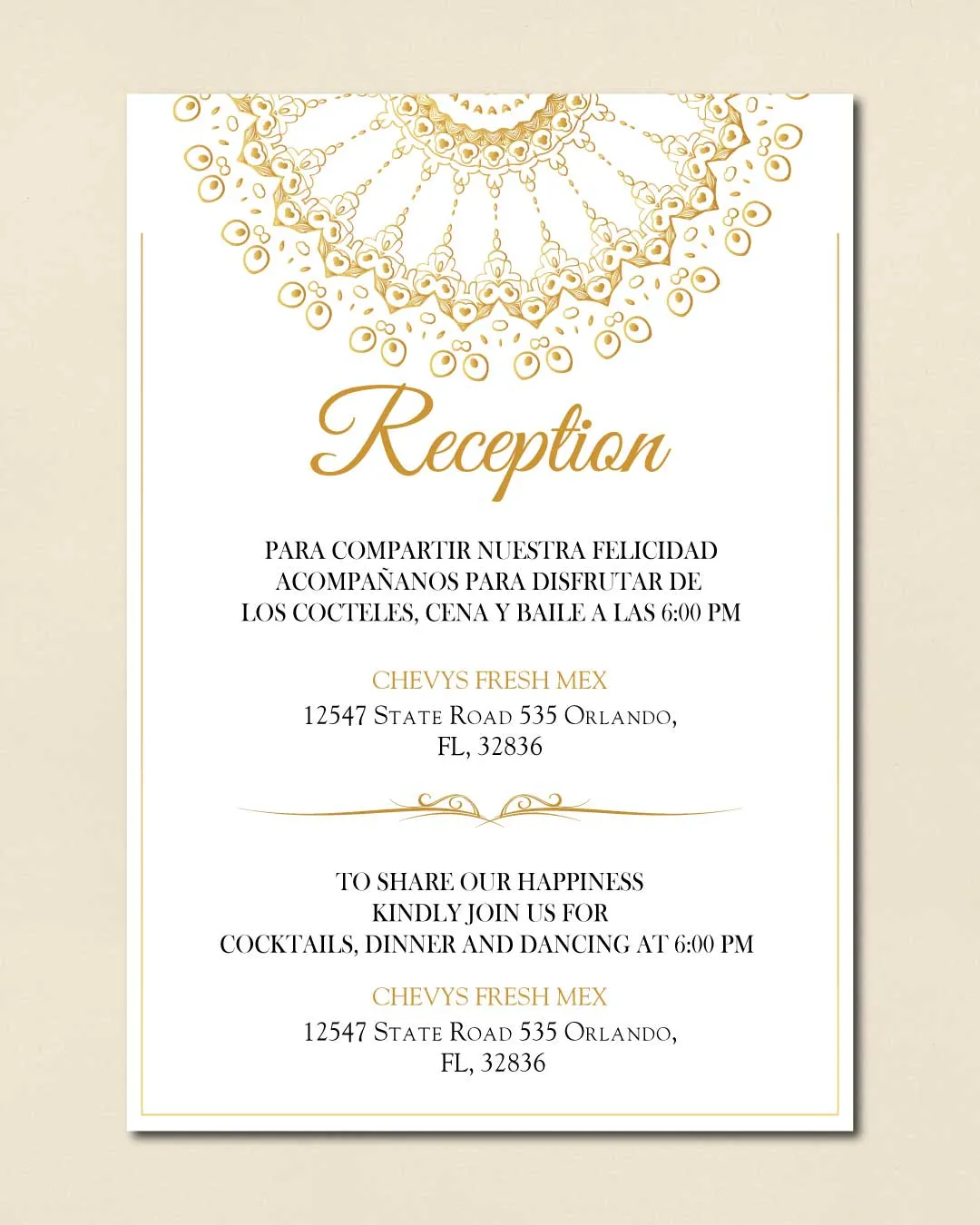 Elegant Golden Mandala Simple Flat 5x7 Spanish & English Wedding Invitation