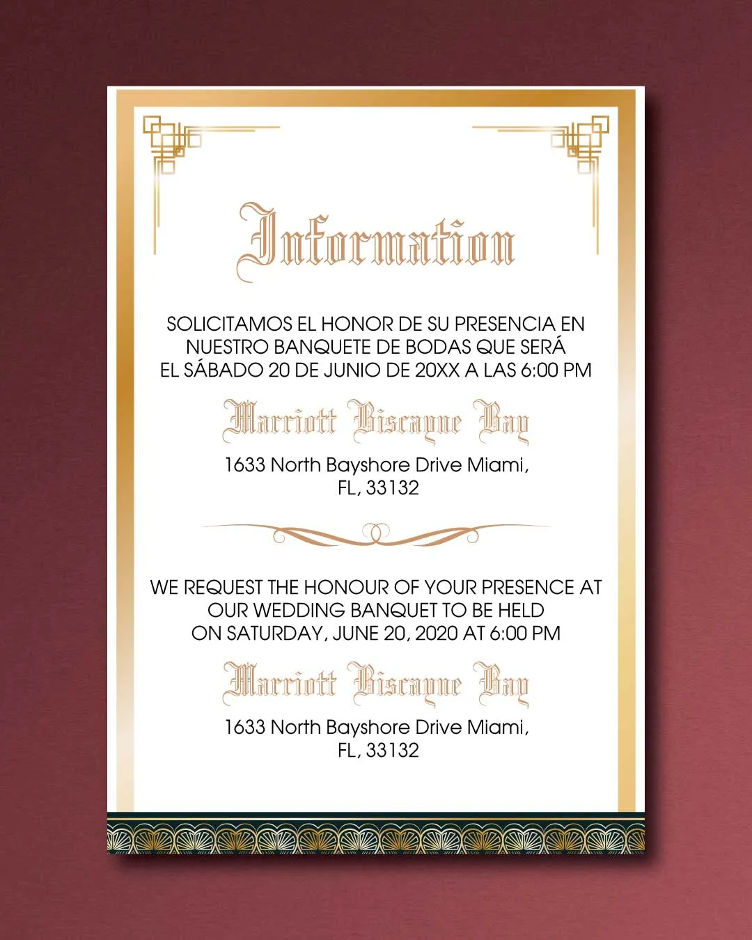 Gatsby Style In Gold Simple Flat 5x7 Spanish & English Wedding Invitation