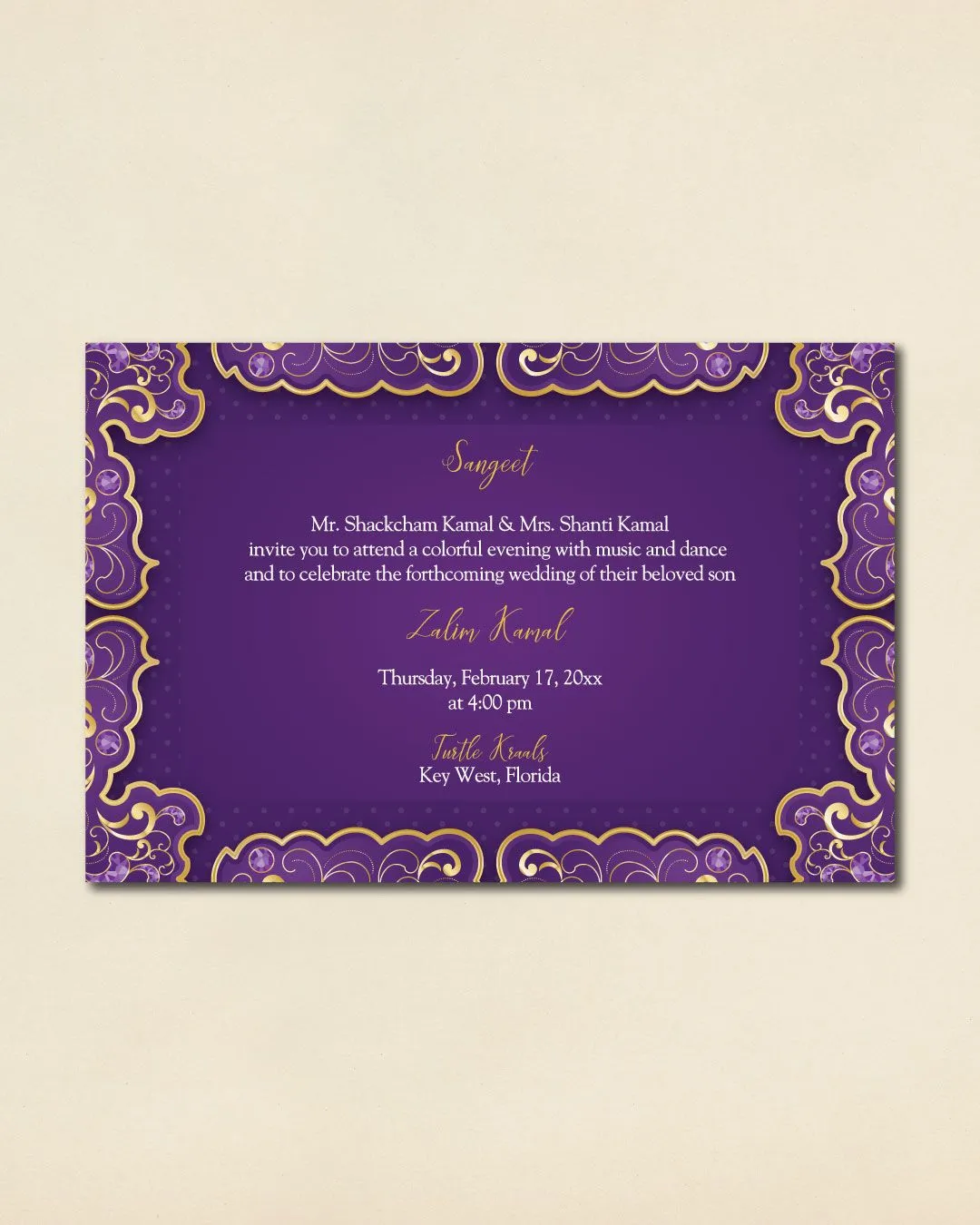 Round Purple and Gold Indian Wedding Invitation