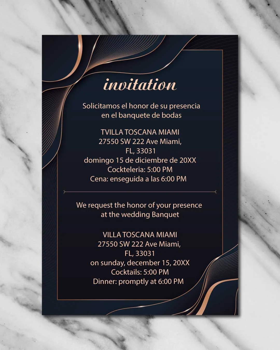 Golden Waves Simple Flat 5x7 Spanish & English Wedding Invitation
