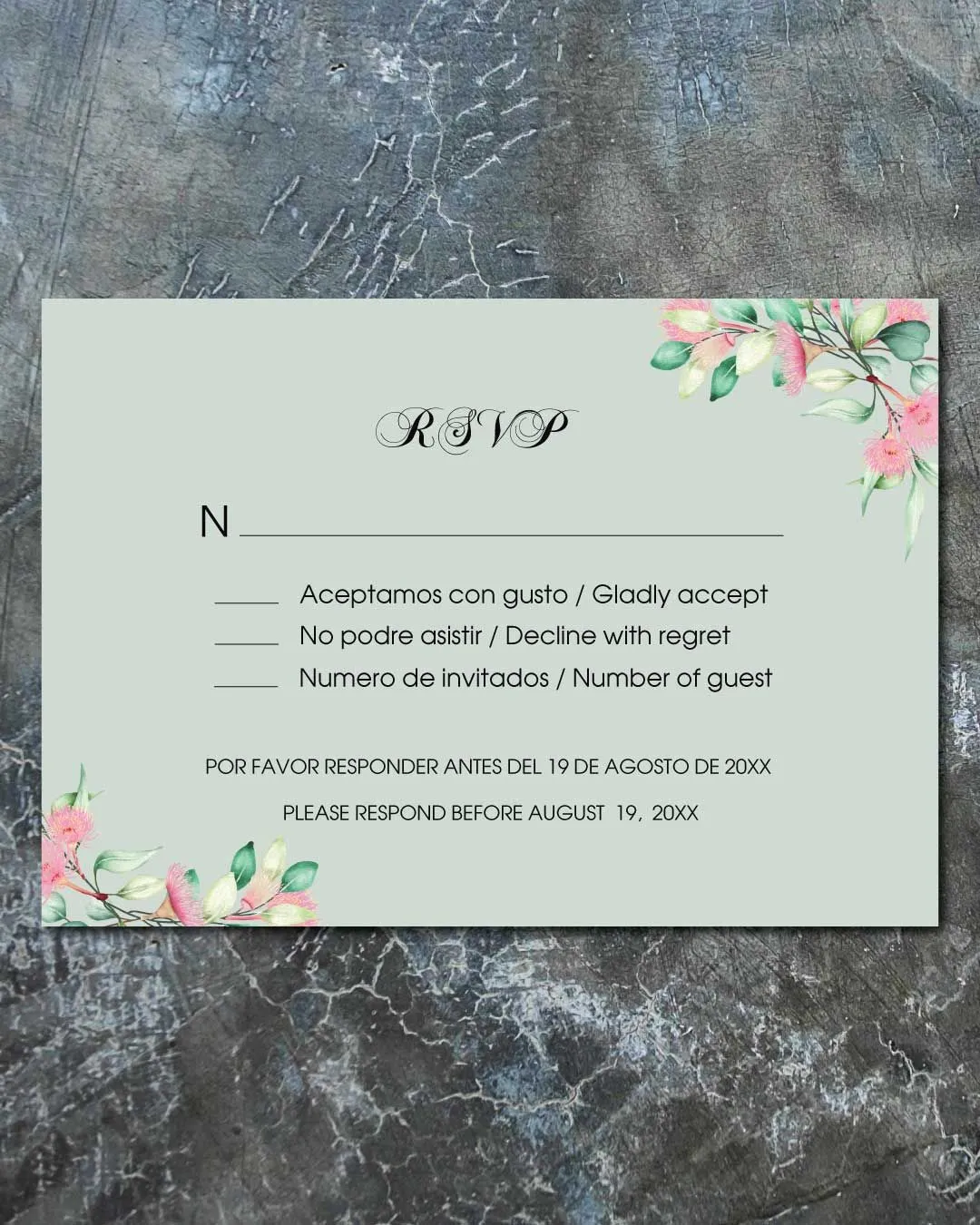 Eucalyptus Flower Simple Flat 5x7 Spanish & English Wedding Invitation