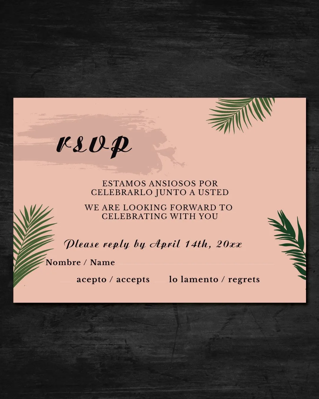 Tropical Stationery in Peach Simple Flat 5x7 Spanish & English Wedding Invitation